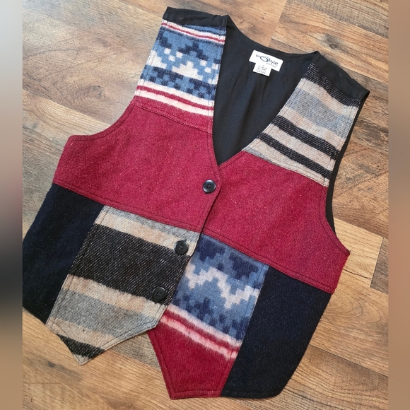 Vintage In Style New York Women’s Aztec Western Wool Blend Tie-Back Vest M - Picture 2 of 6